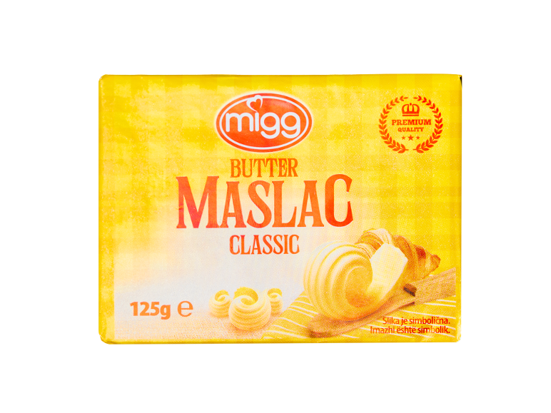 Žuto pakovanje klasičnog putera sa puterastim uvojcima i kroasanom.