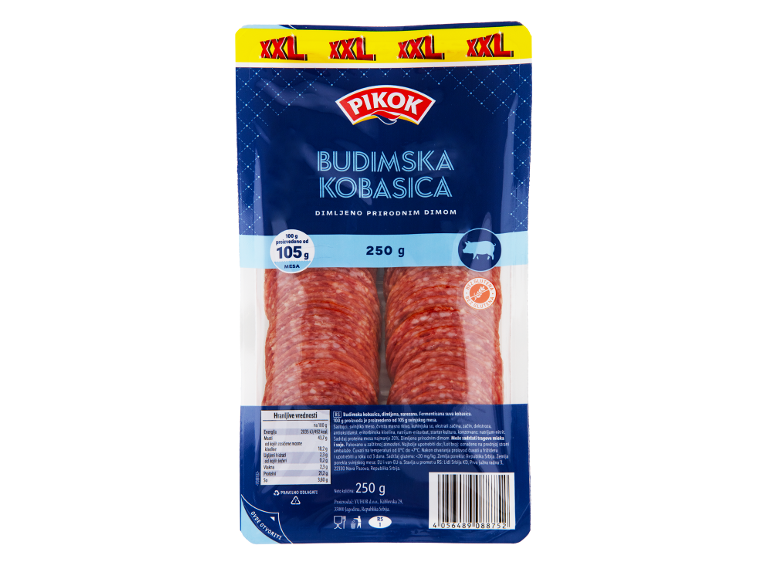Narezana dimljena budimska kobasica, pakovanje od 250g, bez glutena.