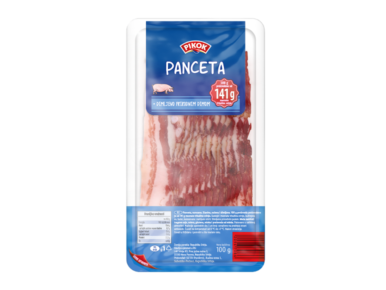 Pakovanje dimljene slanine sa nutritivnim informacijama i detaljima proizvoda.