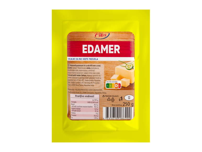 Pilos Edamer, polutvrdi sir, 250g, sa Nutri-Score A oznakom.