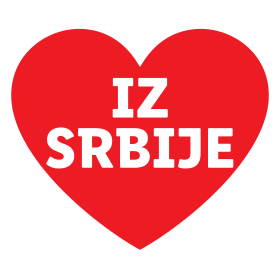 Црвена етикета у облику срца са текстом „IZ SRBIJE“.