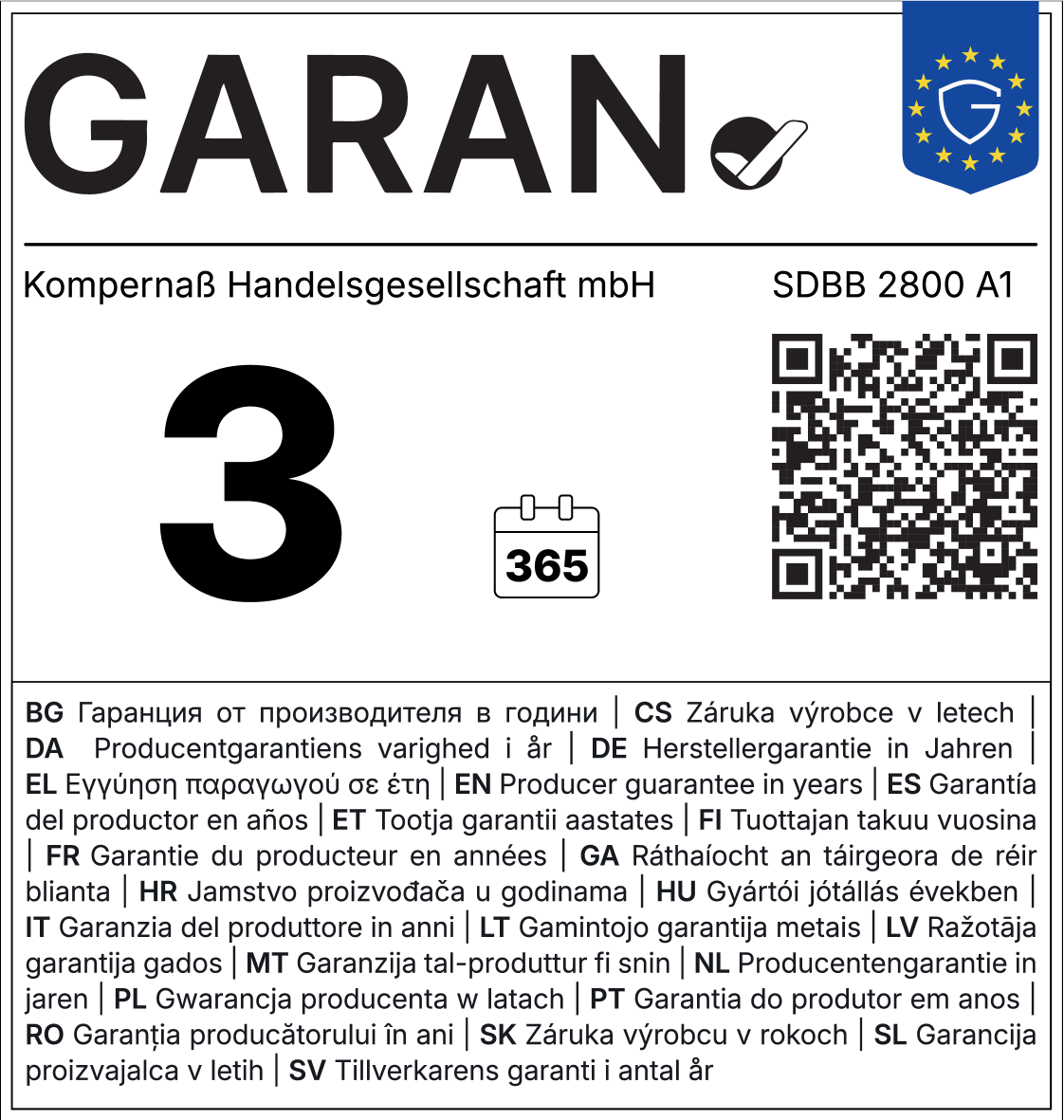 Garancija 3 godine (365 dana), garancija proizvođača na više jezika.