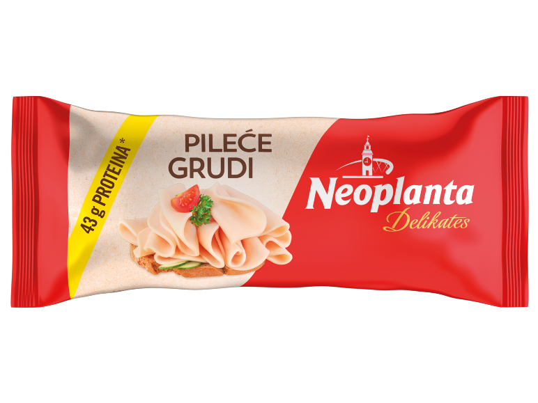 Pakovanje pilećih grudi, 43g proteina, sa kriškama mesa na hlebu.
