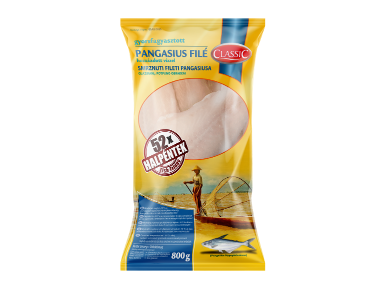 Pakovanje smrznutog fileta pangasiusa, neto težina 800g.