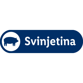 Plava oznaka sa ikonom svinje i tekstom 'Svinjetina'.