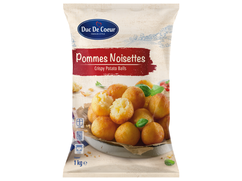 Pakovanje od 1 kg smrznutih hrskavih krompir kuglica sa uputstvima za kuvanje.