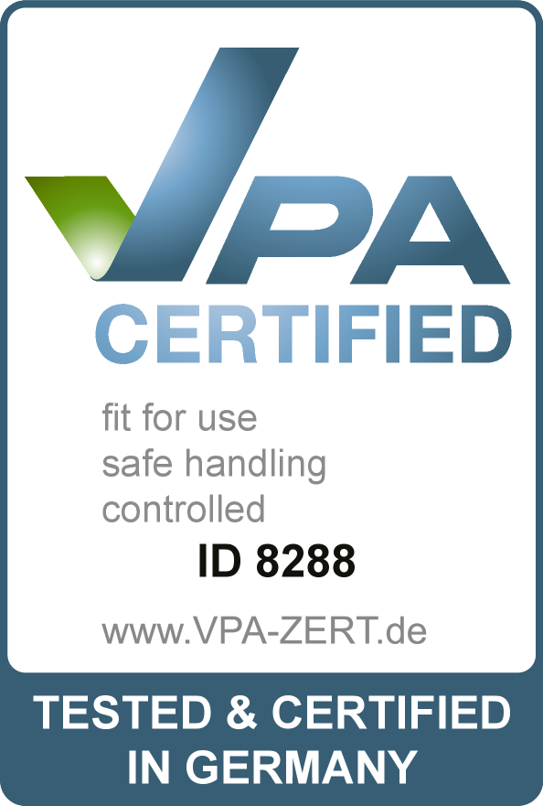 Sertifikacioni pečat: CERTIFIED, fit for use, safe handling, controlled, ID 8288, TESTED & CERTIFIED IN GERMANY.