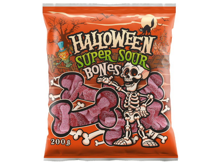 Kesica bombona Halloween Super Sour Bones sa kosturom i gumenim bombonama u obliku kosti.