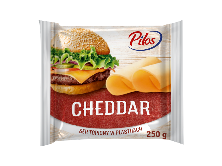Pakovanje topljenog čedar sira u listićima, sa slikom hamburgera i sira.
