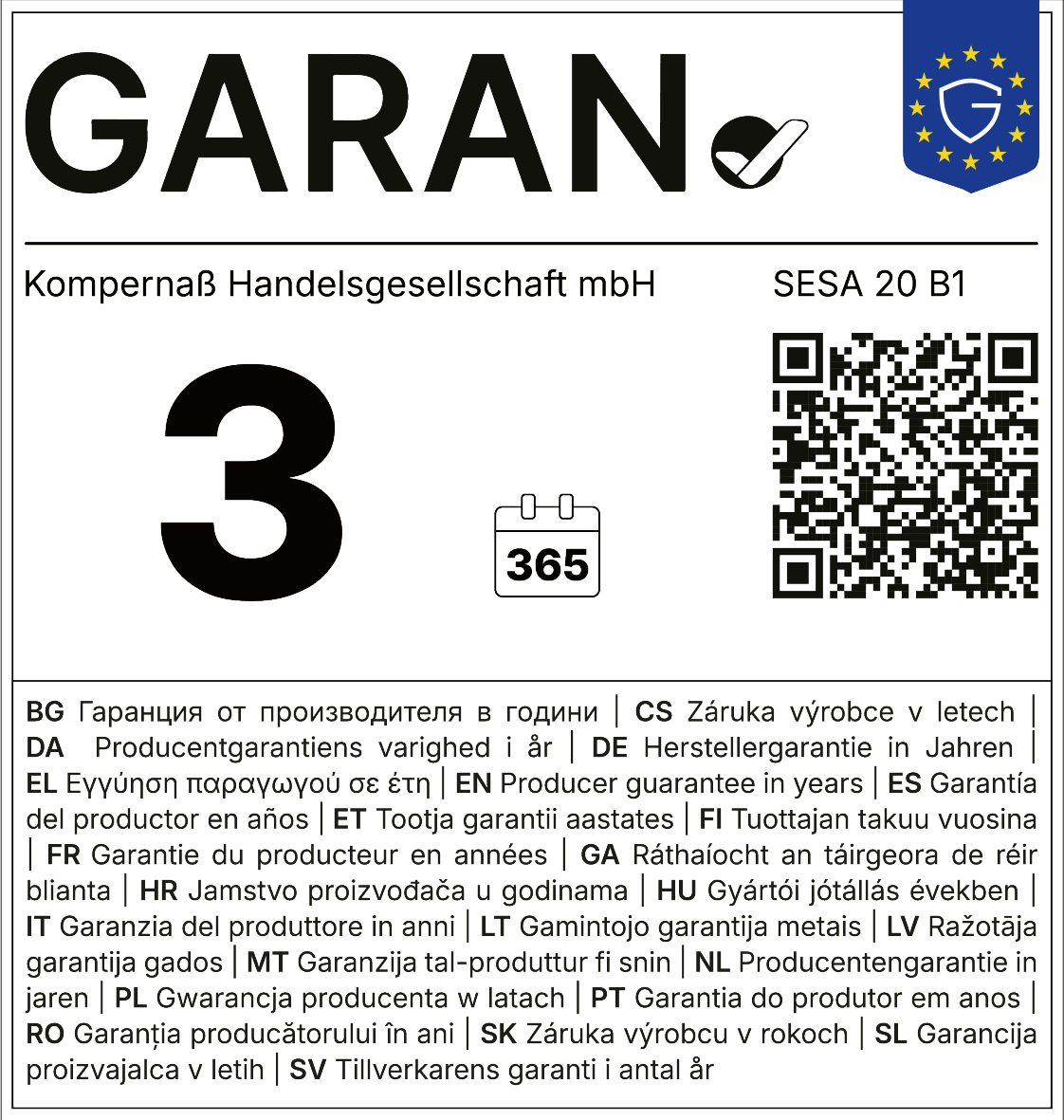 Garancija 3 godine, 365 dana. Garancija proizvođača u godinama.