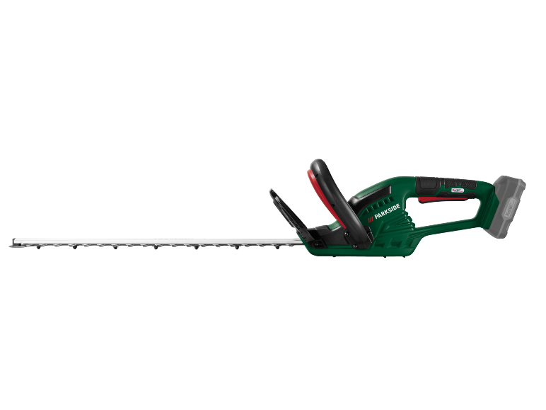 Akumulatorske makaze za živu ogradu sa dugim sečivom i ergonomskim ručkama.