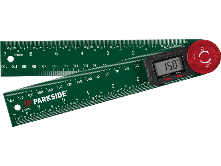 Sklopivi zeleni digitalni uglomer sa lenjirom i ekranom koji prikazuje 15,0 stepeni.