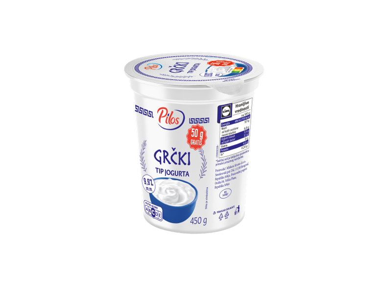 Bela čaša grčkog jogurta 450g sa 50g gratis, sa nutritivnim vrednostima i Nutri-Score.