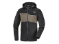 Crna i kaki softshell jakna sa rajsferšlusom i kapuljačom.