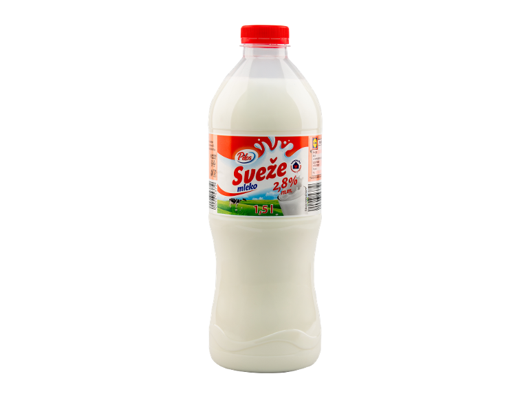 Belo mleko sa 2,8% masti u boci od 1,5 litra sa crvenim čepom.