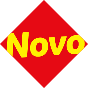 Црвени ромб са жутим натписом „Novo“.