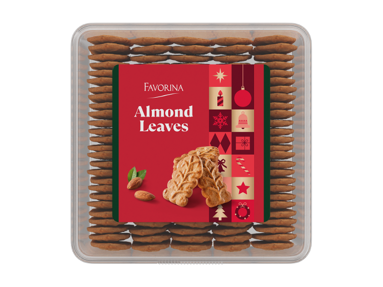 Pakovanje keksa sa crvenom božićnom etiketom i tekstom „Almond Leaves“.