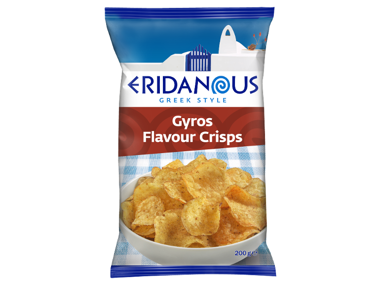 Čips sa ukusom girosa u pakovanju sa grčkom tematikom.