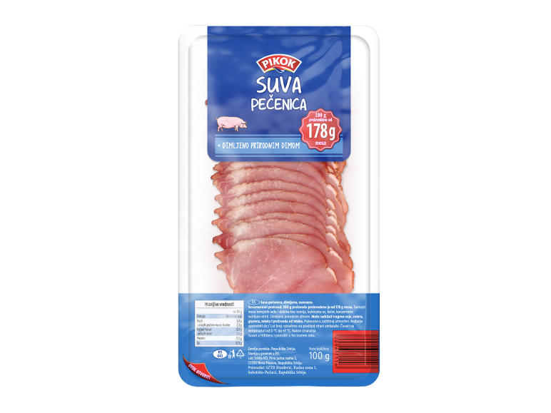 Pakovanje narezane dimljene svinjske pečenice sa nutritivnim informacijama i zemljom porekla.