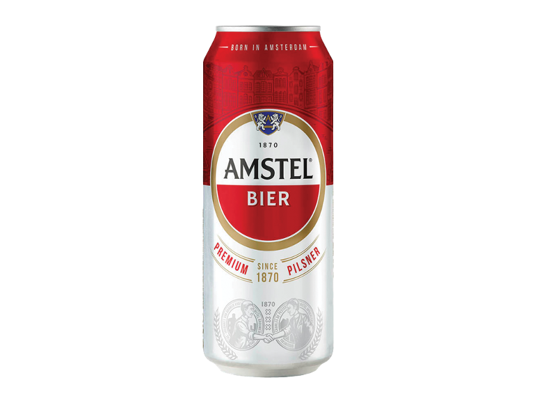 Црвено-бела лименка пива са натписом 'BORN IN AMSTERDAM', 'PREMIUM PILSNER SINCE 1870'.