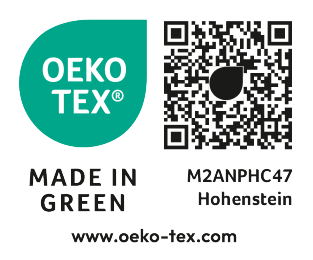 OEKO-TEX MADE IN GREEN печат са бројем M2ANPHC47 Hohenstein и QR кодом.