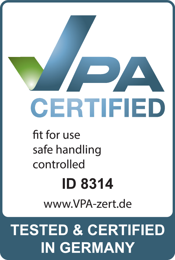 Сертификациони печат: VPA CERTIFIED, погодан за употребу, безбедно руковање, контролисано, ID 8314, www.VPA-zert.de, ТЕСТИРАНО И СЕРТИФИКОВАНО У НЕМАЧКОЈ.