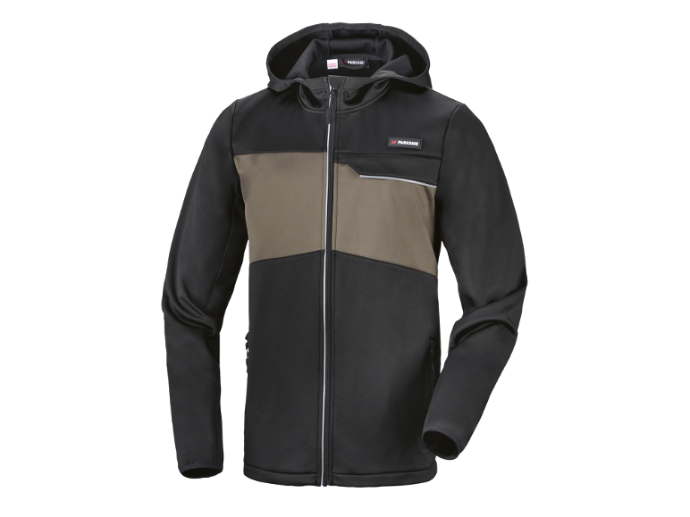 Crna i kaki softshell jakna sa rajsferšlusom i kapuljačom.