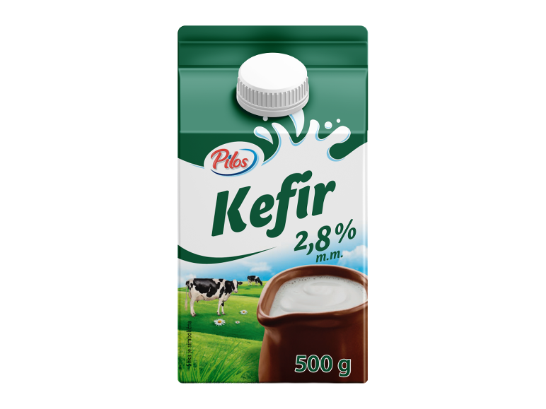 Kefir 2,8% m.m., pakovanje od 500g, sa kravama i činijom kefira.