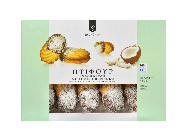 Kutija kokosovih petit four kolača sa filom od kajsije, neto težina 330g.