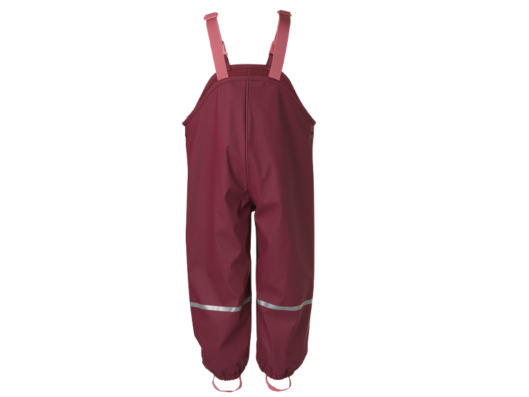 Bordo dečije kišne pantalone sa podesivim tregerima i reflektujućim detaljima.