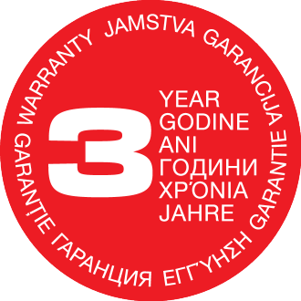 Црвени печат 3-годишње гаранције са вишејезичним текстом.