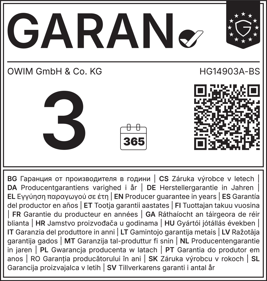 Garancija 3 godine, 365 dana, sa QR kodom i višejezičnim informacijama.