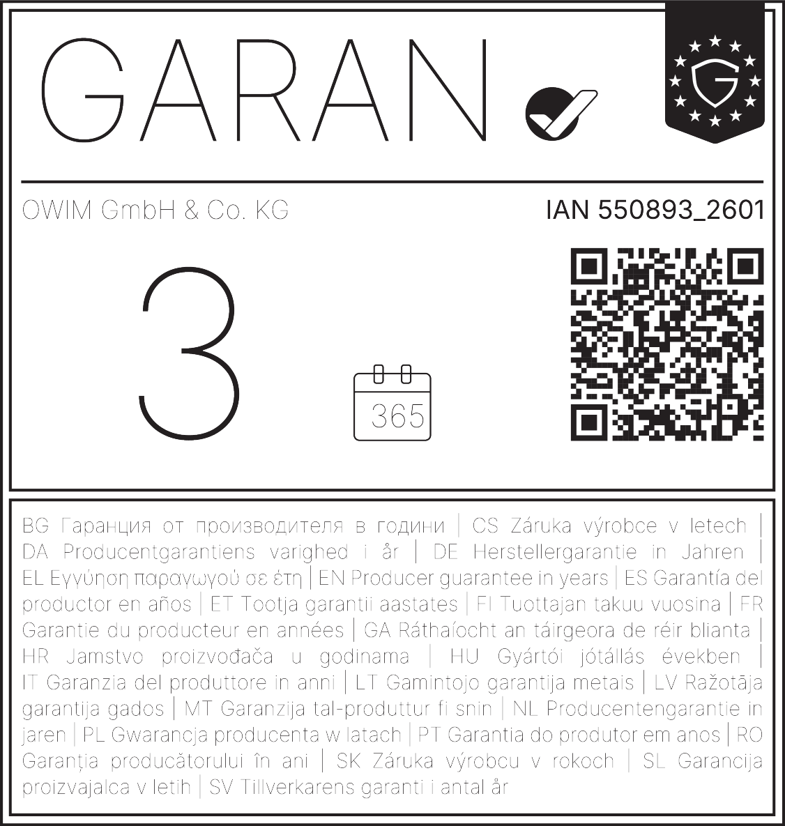 Garancija 3 godine, 365 dana. IAN 550893_2601.