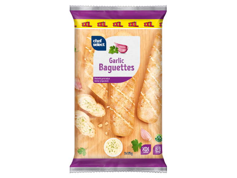 XXL beli luk bageti sa belim lukom puterom, 3 porcije, 3x175g, priprema u rerni 200°C 10-12 min.