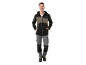 Muškarac u crno-braon radnoj jakni, sivo-crnim radnim pantalonama i zaštitnim cipelama.