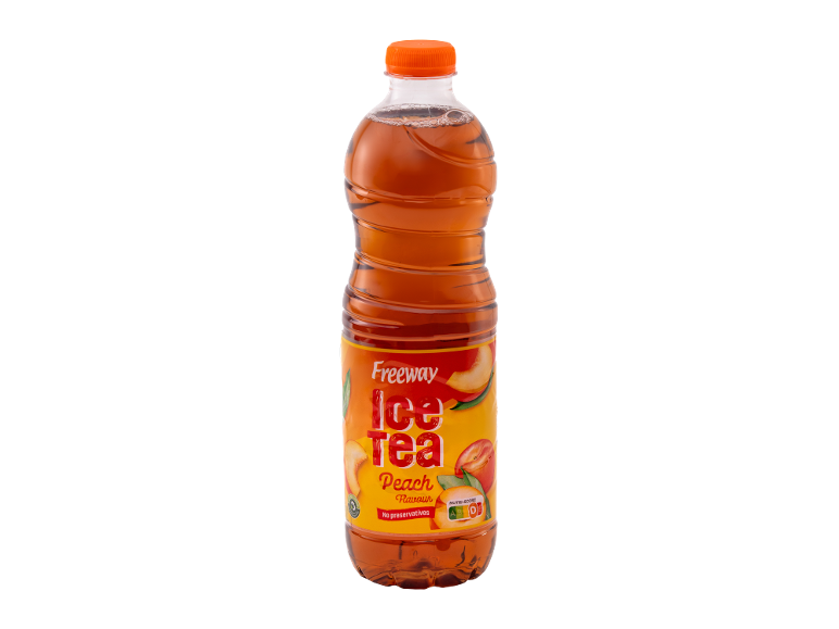 Boca ledenog čaja od breskve sa narandžastim čepom i etiketom sa breskvama i tekstom „Ice Tea Peach Flavour“.