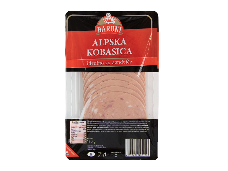Pakovana sečena alpska kobasica, idealna za sendviče, sa nutritivnim informacijama.