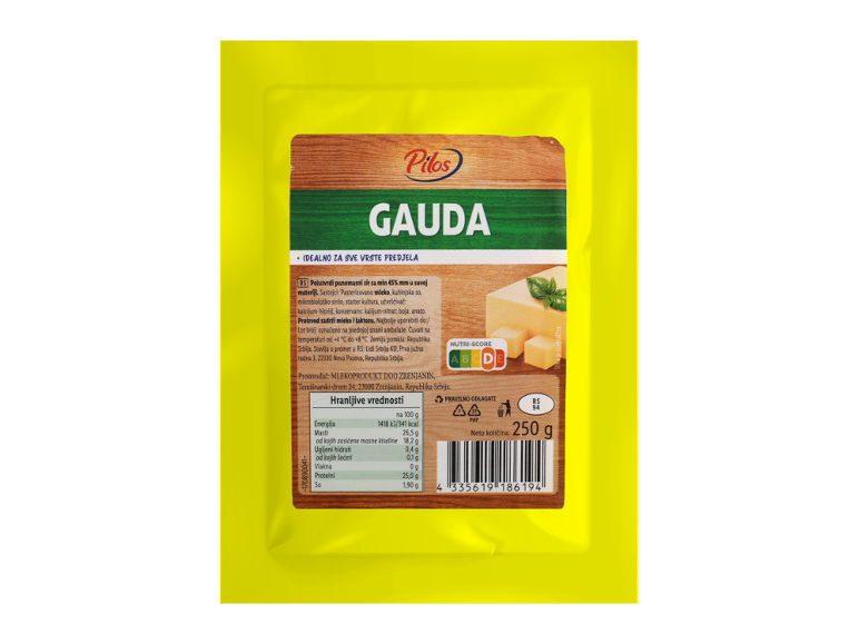 Pilos Gouda sir u žutom pakovanju, sa etiketom i informacijama o nutritivnoj vrednosti.