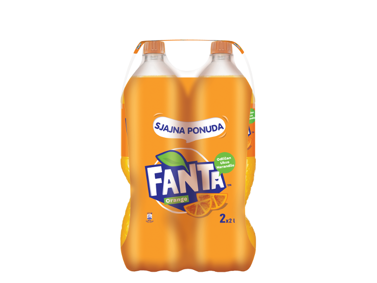 Dve boce gaziranog pića sa ukusom narandže od 2 litre u multipaku, sa etiketom sjajne ponude.