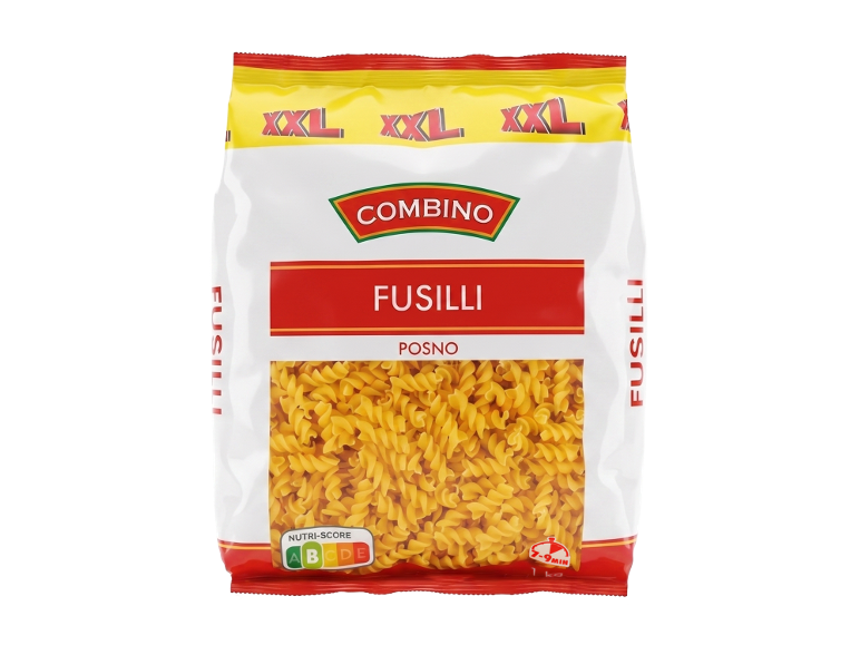 Combino Fusilli testenina u XXL pakovanju sa Nutri-Score B oznakom.