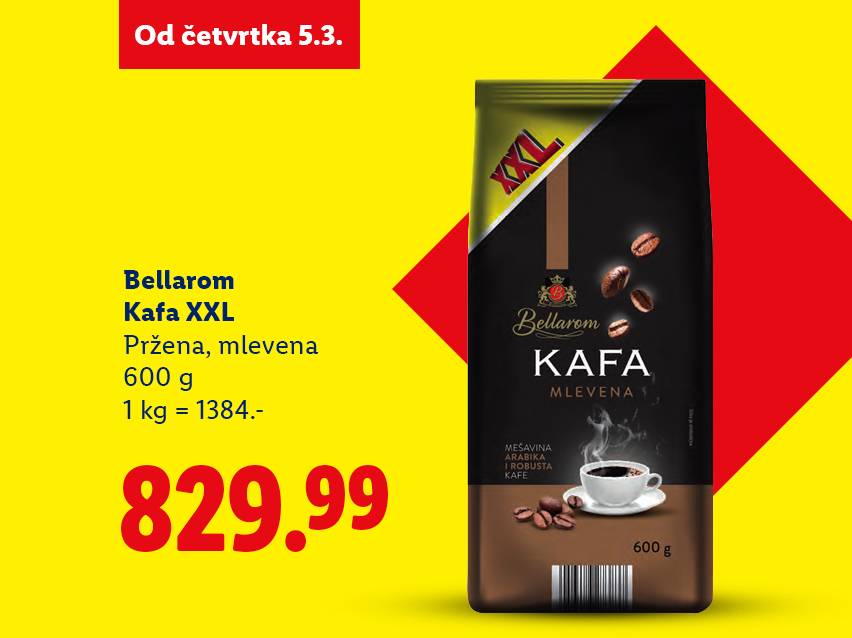 Reklama za mlevenu kafu od 600g, sa cenom od 829.99 i naznakom da je ponuda od četvrtka 5.3.