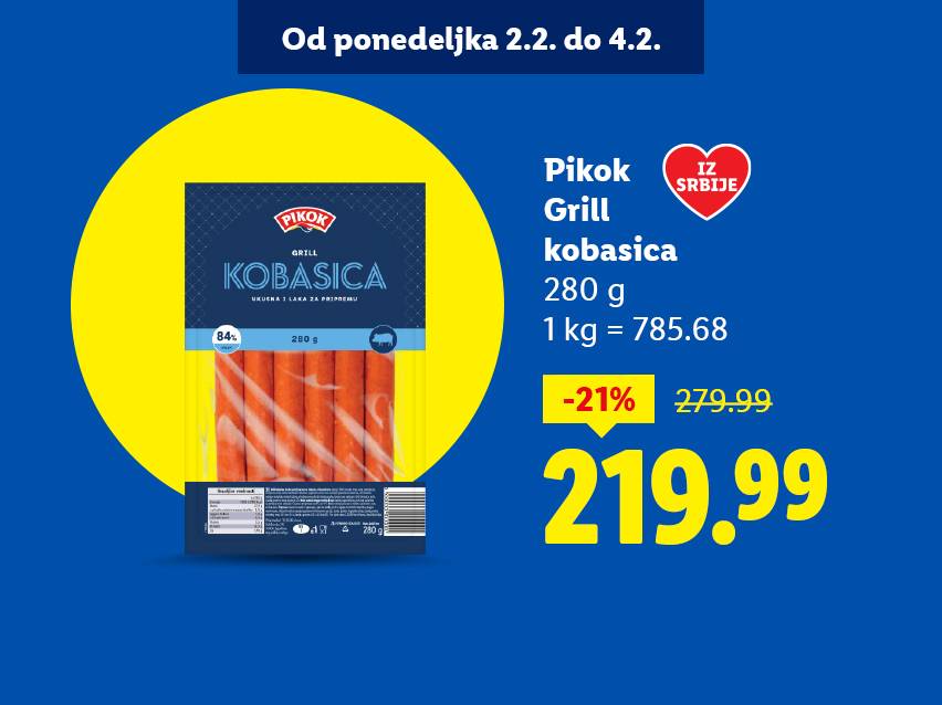 Pakovanje roštilj kobasica od 280g, sniženo 21% na 219.99 dinara.