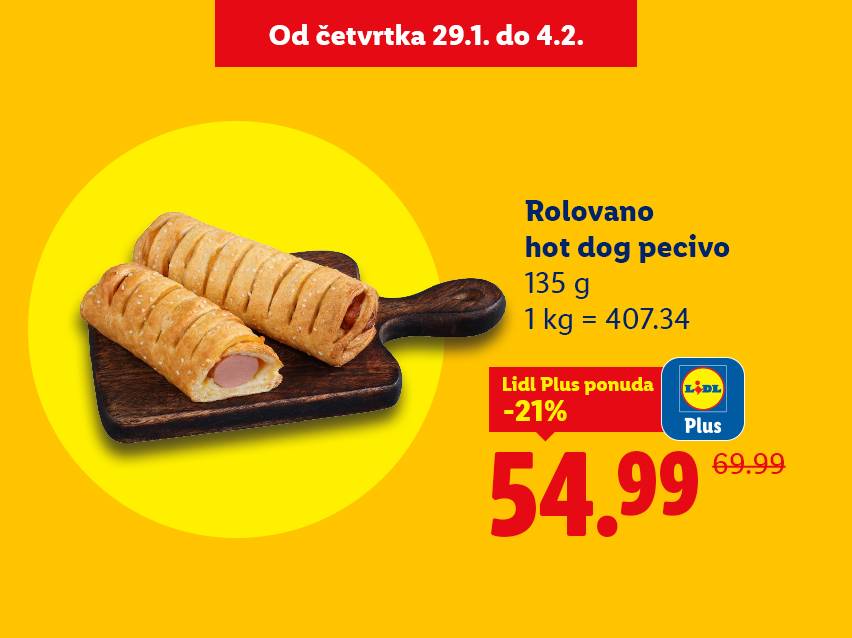 Pecivo sa viršlom, 135g, sniženo 21% na 54.99 dinara, važi od četvrtka 29.1. do 4.2.