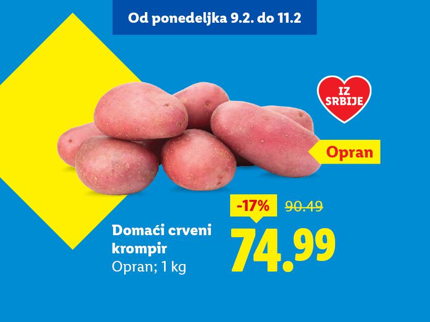 Crveni krompir iz Srbije, opran, 1 kg, snižen 17% sa 90.49 na 74.99 dinara.