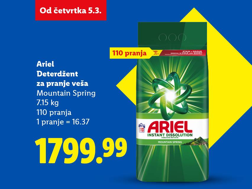 Reklama za deterdžent za veš od 7.15 kg, 110 pranja, sa cenom od 1799.99.