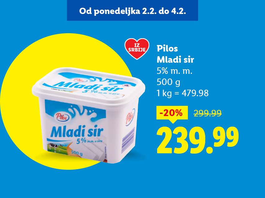 Reklama za mladi sir sa 20% popusta, dostupan od 2. do 4. februara.