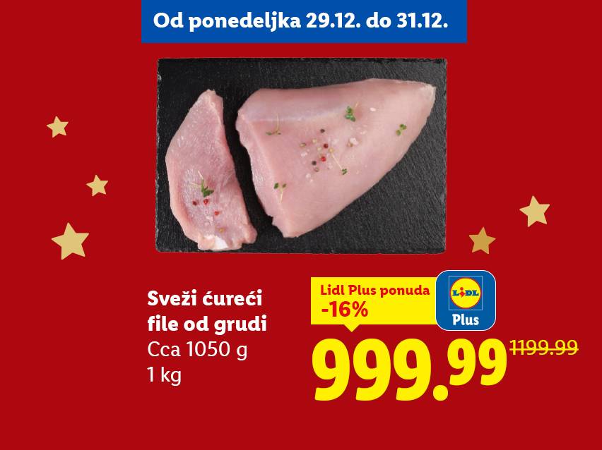 Sveži ćureći file od grudi, cca 1050g, sa Lidl Plus popustom od 16% za 999.99 RSD.