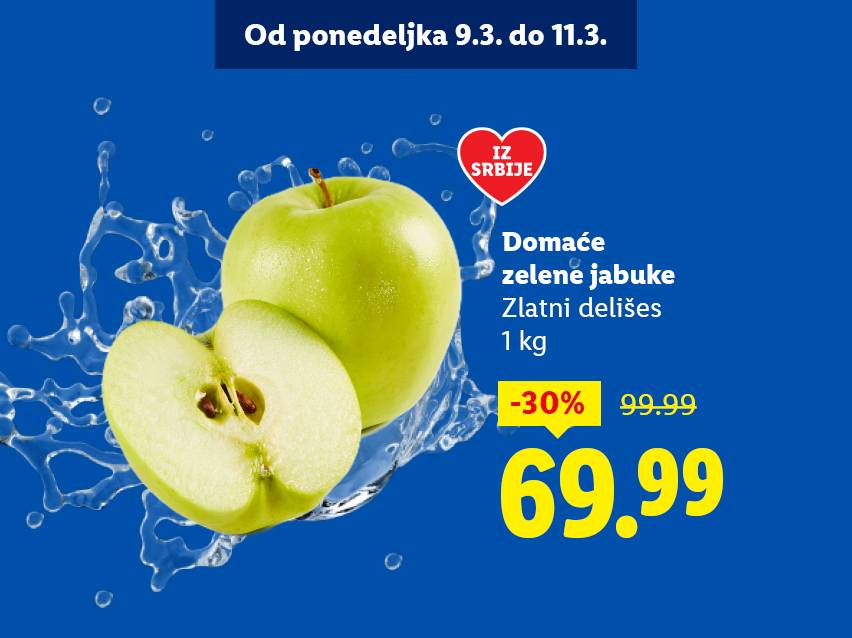 Reklama za domaće zelene jabuke Zlatni delišes, 1 kg, sa 30% popusta, sada 69.99.