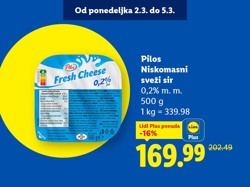 Pakovanje svežeg sira sa 0,2% masti, težine 500g, sa cenom od 169.99 dinara.