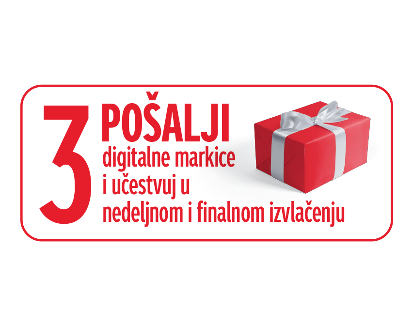 Crvena kutija sa poklonom i tekstom: „3 POŠALJI digitalne markice i učestvuj u nedeljnom i finalnom izvlačenju“.